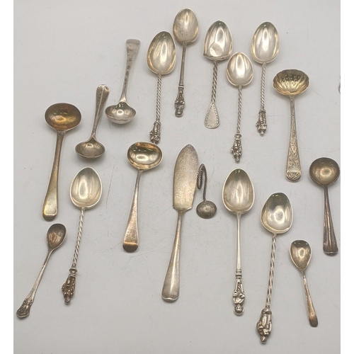 113 - Silver and white metal spoons to include teaspoons with twisted terminals, condiment spoons and othe... 