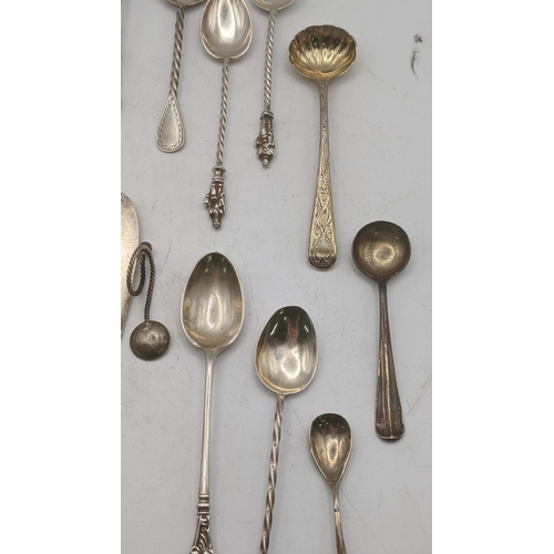 113 - Silver and white metal spoons to include teaspoons with twisted terminals, condiment spoons and othe... 