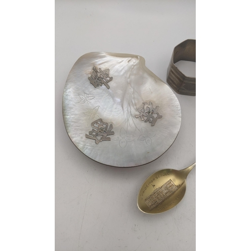 119 - A white metal and mother of pearl Chinese pin dish on four ball feet, together with a sterling silve... 