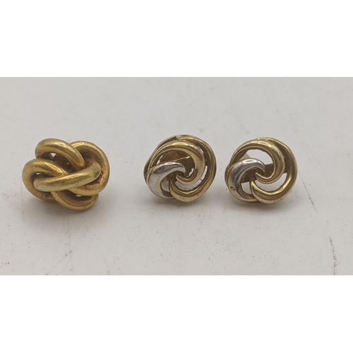 137 - A yellow gold knot style stud earring tested as 18ct gold 2.2g, together with a pair of 9ct gold stu... 