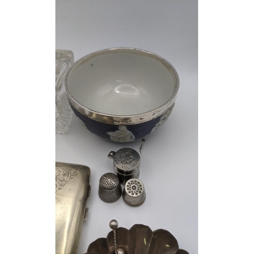 144 - Mixed silver white metal items to include a miniature chair and others, together with an embossed pi... 