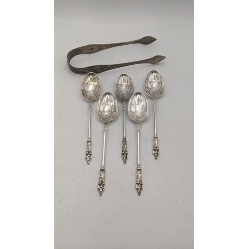 162 - Silver to include a set of five Mappin & Webb apostle teaspoons together with a pair of sugar tongs,... 