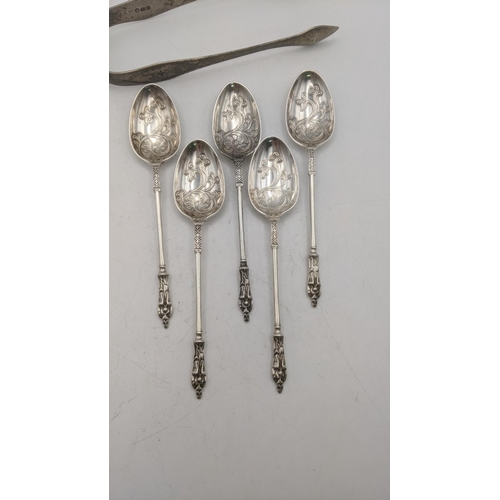 162 - Silver to include a set of five Mappin & Webb apostle teaspoons together with a pair of sugar tongs,... 