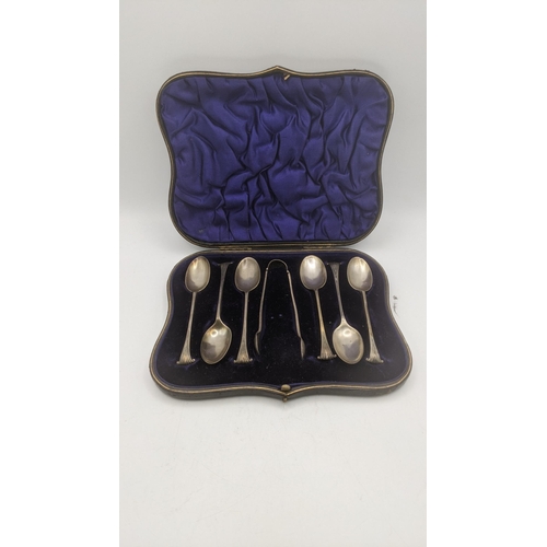 80 - A set of six silver teaspoons, together with a pair of sugar tongs hallmarked London 1906 in a fitte... 