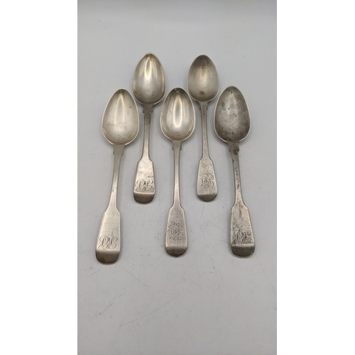 88 - A set of five silver fiddle pattern teaspoons initialled to the terminals, three bearing the same ha... 