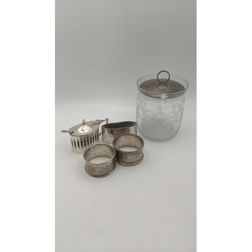 94 - Silver items to include a preserve pot having an etched floral design and silver lid, hallmarked Bir... 