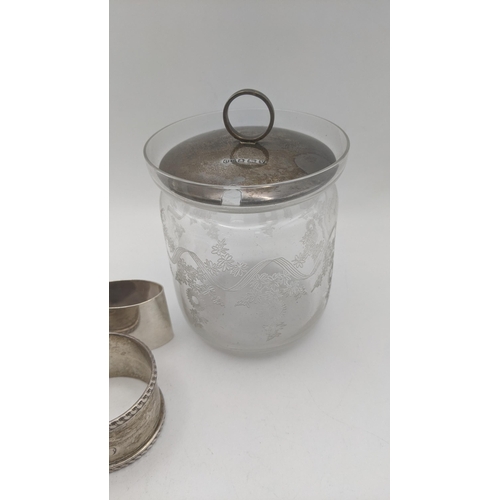 94 - Silver items to include a preserve pot having an etched floral design and silver lid, hallmarked Bir... 