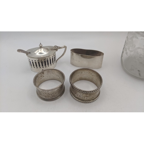 94 - Silver items to include a preserve pot having an etched floral design and silver lid, hallmarked Bir... 