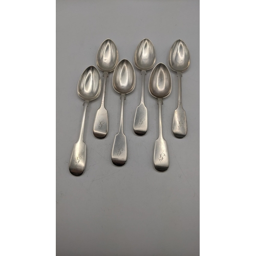 98 - A set of six fiddle pattern teaspoons made by William Rawlings Sobey with the initial G engraved to ... 