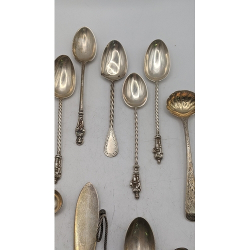 113 - Silver and white metal spoons to include teaspoons with twisted terminals, condiment spoons and othe... 