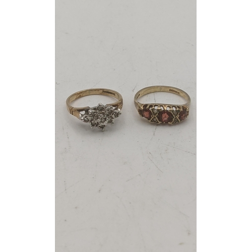 148 - Two 9ct gold rings to include a yellow and white gold example set with nine small diamonds together ... 