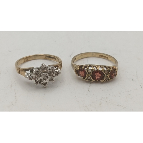 148 - Two 9ct gold rings to include a yellow and white gold example set with nine small diamonds together ... 