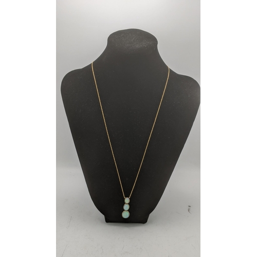 155 - A 9ct gold necklace with a three stone opal pendant mounted in 9ct yellow gold 3.1g A/F Location:CAB... 