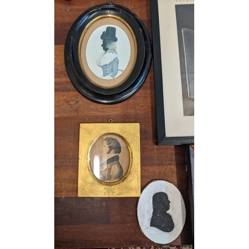 251 - A collection of framed pictures to include three silhouettes, a framed Victorian wax portrait and ot... 