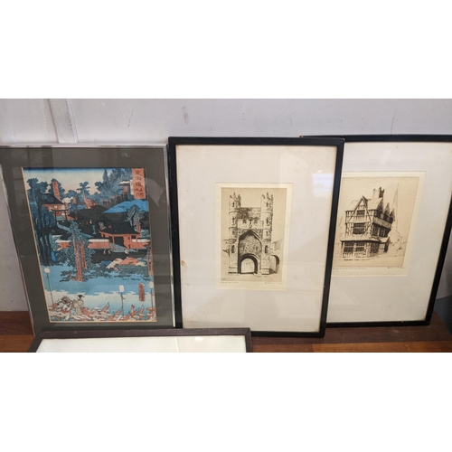 254 - Prints to include Japanese wood block prints, two etchings of city gates and others
Location:
If the... 