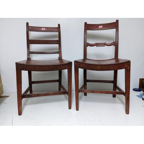 268 - A matched pair of early 19th century country side chairs, red painted, on square tapering front legs... 