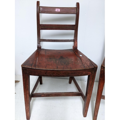 268 - A matched pair of early 19th century country side chairs, red painted, on square tapering front legs... 