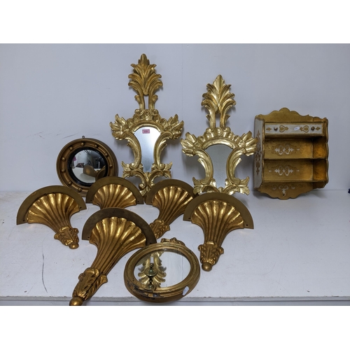 270 - A mixed lot to include a group of five giltwood Corbel wall shelves, wall mirrors to include a small... 