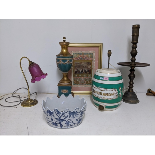 273 - A mixed lot of lighting and other items to include a 20th century brass effect lamp with cranberry g... 