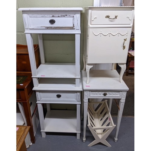 285 - A mixed lot of white painted furniture to include a pair of side tables, a magazine rack, a bedside ... 