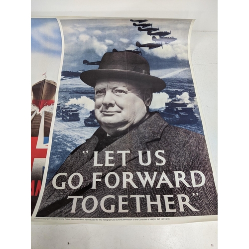 327 - Six reproduction WWII posters including 'Dig for Victory' and 'Let Us Go Forward Together' and other... 