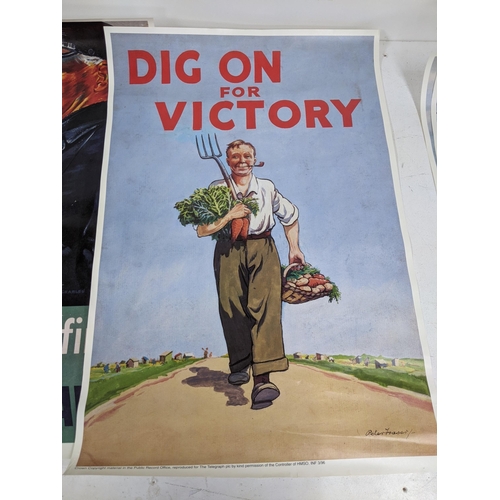 327 - Six reproduction WWII posters including 'Dig for Victory' and 'Let Us Go Forward Together' and other... 