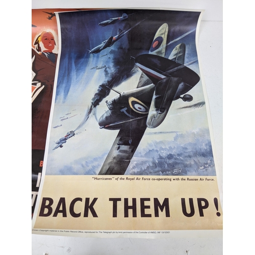 327 - Six reproduction WWII posters including 'Dig for Victory' and 'Let Us Go Forward Together' and other... 