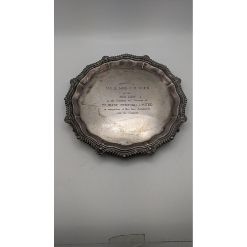 79 - A John Turton and Co silver presentation tray with engraving to the top to Mr and Mrs R R Keen, on t... 