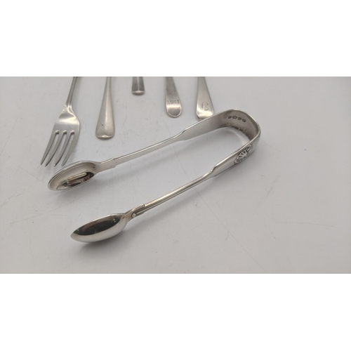 99 - Silver to include a pair of sugar tongs, hallmarked London 1879 together with a fork and a group of ... 