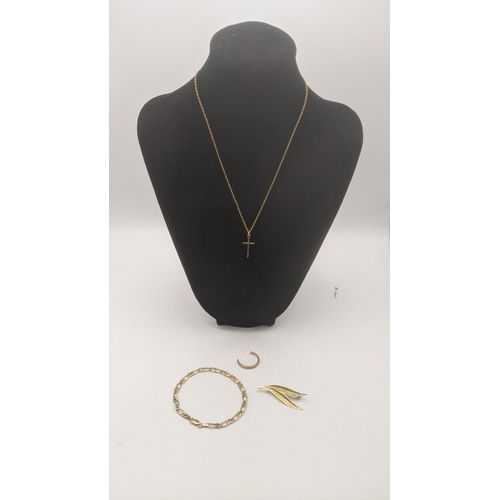 12 - Mixed 9ct gold jewellery to include a Figaro bracelet, a brooch fashioned as a feather, part of a 9c... 