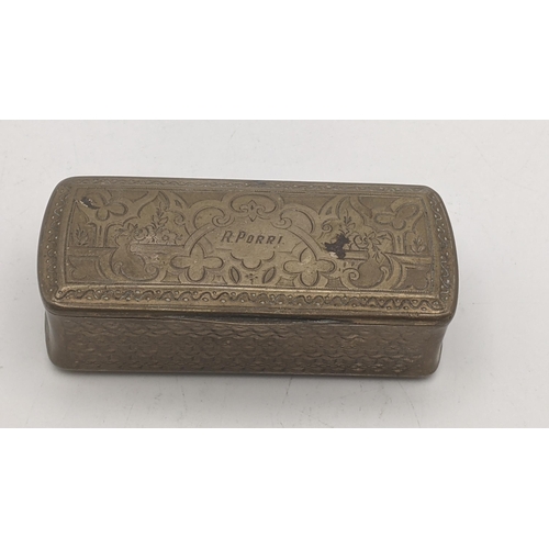 27 - A 19th century silver snuff box with engraved decoration inscribed to the lid R Porri Location:
If t... 