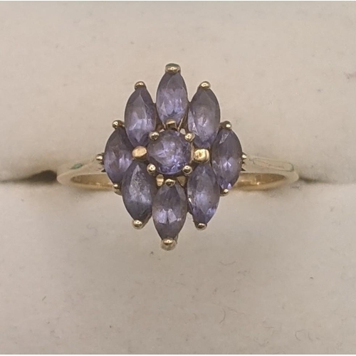 47 - A 9ct yellow gold cluster dress ring set with purple coloured stones, size Q 1/2, 3g
Location:
If th... 