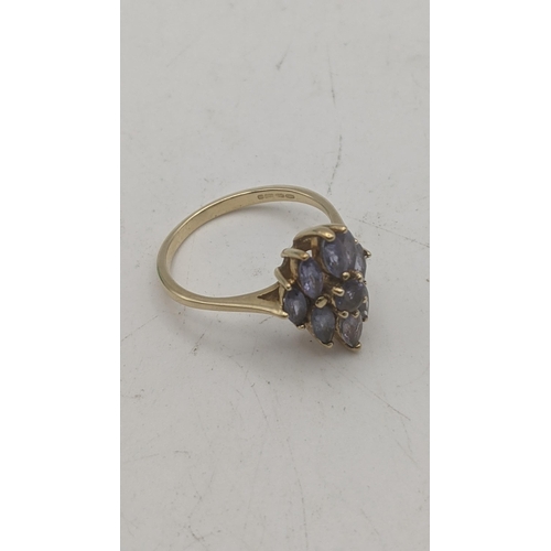 47 - A 9ct yellow gold cluster dress ring set with purple coloured stones, size Q 1/2, 3g
Location:
If th... 