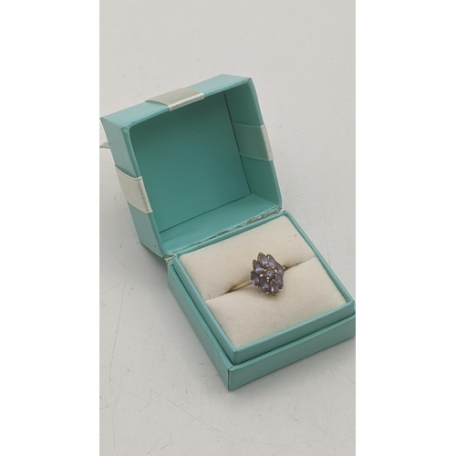 47 - A 9ct yellow gold cluster dress ring set with purple coloured stones, size Q 1/2, 3g
Location:
If th... 