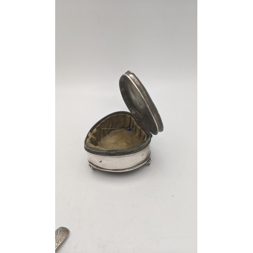 54 - Mixed silver to include a heart shaped pill box on three feet and three silver teaspoons
Location:
I... 