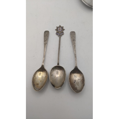 54 - Mixed silver to include a heart shaped pill box on three feet and three silver teaspoons
Location:
I... 