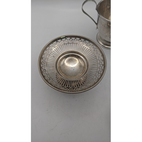 61 - Silver to include two pedestal pin dishes both having a pierced design together with a majestic ster... 