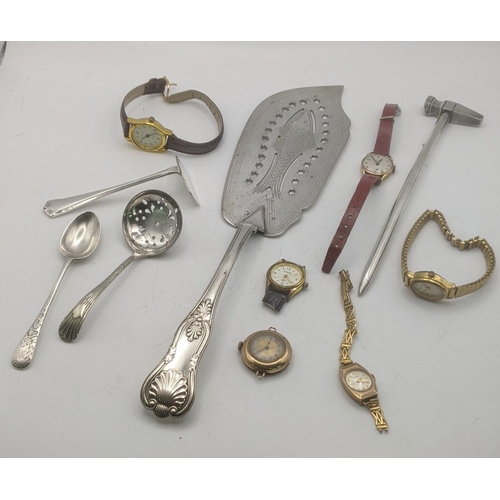 68 - Two 9ct gold cased ladies wristwatches, one with a Dennison (case back 2.3g), a silver teaspoon and ... 