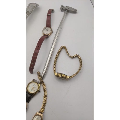 68 - Two 9ct gold cased ladies wristwatches, one with a Dennison (case back 2.3g), a silver teaspoon and ... 