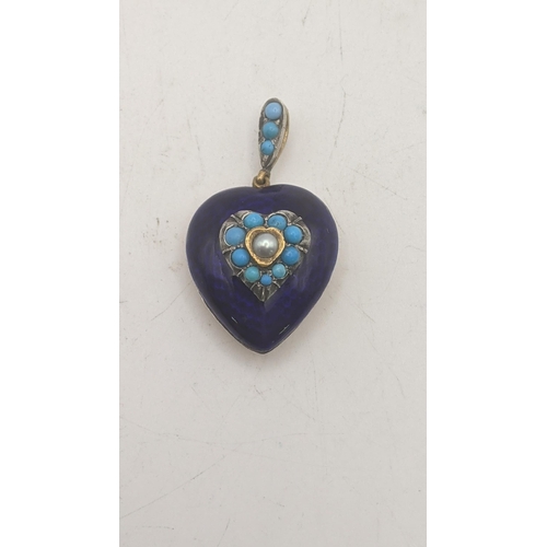 75 - A yellow gold backed and blue enamelled heart shaped pendant set with a central pearl surrounded by ... 