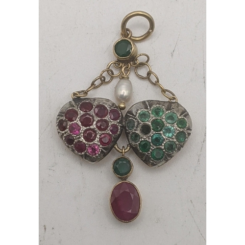 78 - A yellow gold backed double heart pendant set with emeralds, paste stones and rubies and a pearl A/F... 