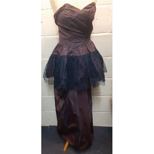 40 - A bespoke and handmade aubergine taffeta and black lace sleeveless evening gown approx 32