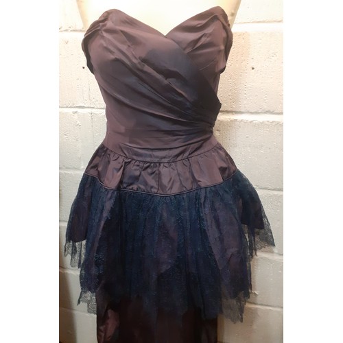 40 - A bespoke and handmade aubergine taffeta and black lace sleeveless evening gown approx 32