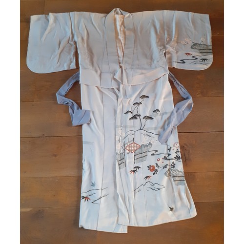 46 - A Japanese pale grey kimono with dark grey sash belt and printed images of a Japanese garden in blac... 