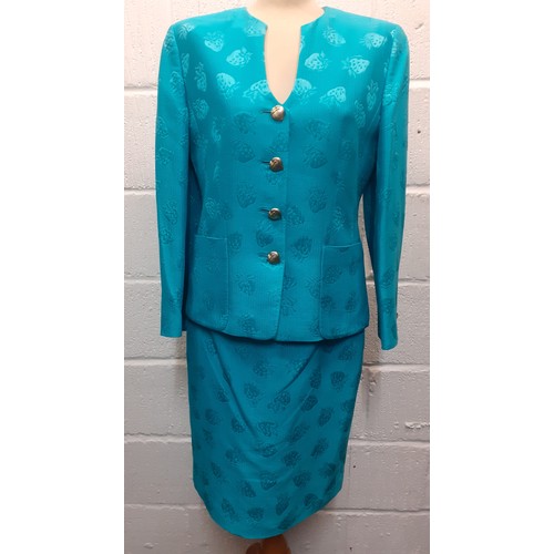 18 - Louis Feraud & Escada-A turquoise 2 piece skirt suit having a raised strawberry design with gold ton... 