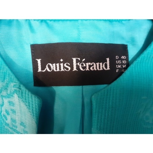 18 - Louis Feraud & Escada-A turquoise 2 piece skirt suit having a raised strawberry design with gold ton... 