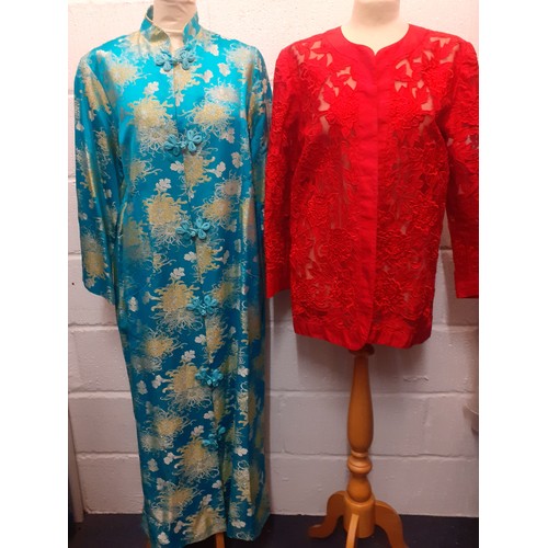 47 - Eastern and Eastern inspired clothing comprising a Japanese turquoise machine embroidered and full l... 