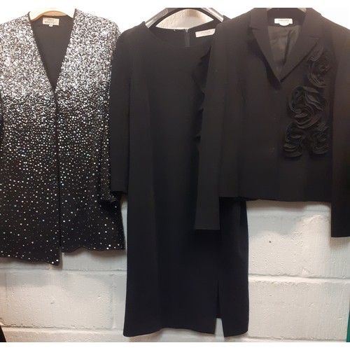 48 - A quantity of ladies black evening wear to include a Diane Fres black knitted cardigan with embellis... 