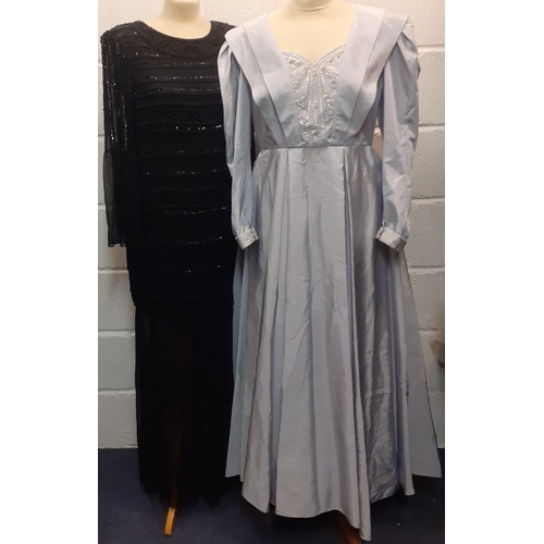 97 - Diane Fres- 2 evening gowns comprising a Diane Fres 1920's style black silk evening gown with soft p... 