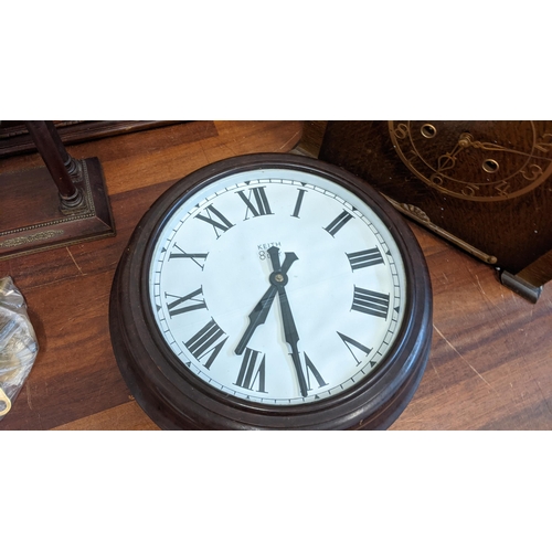 307 - A collection of clocks and watches to include four mantle clocks, a Keith 8 day wall clock, a French... 